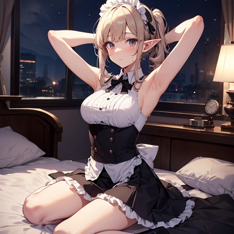 A maids, (in bedroom), various hair styles, night, details face, short skirt, seducing, sleeveless, maid uniform, armpits, elf