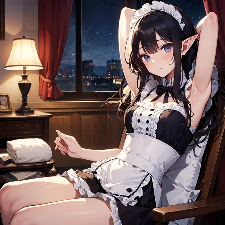 A maids, (in bedroom), various hair styles, night, details face, short skirt, seducing, sleeveless, maid uniform, armpits, elf, laying on bed