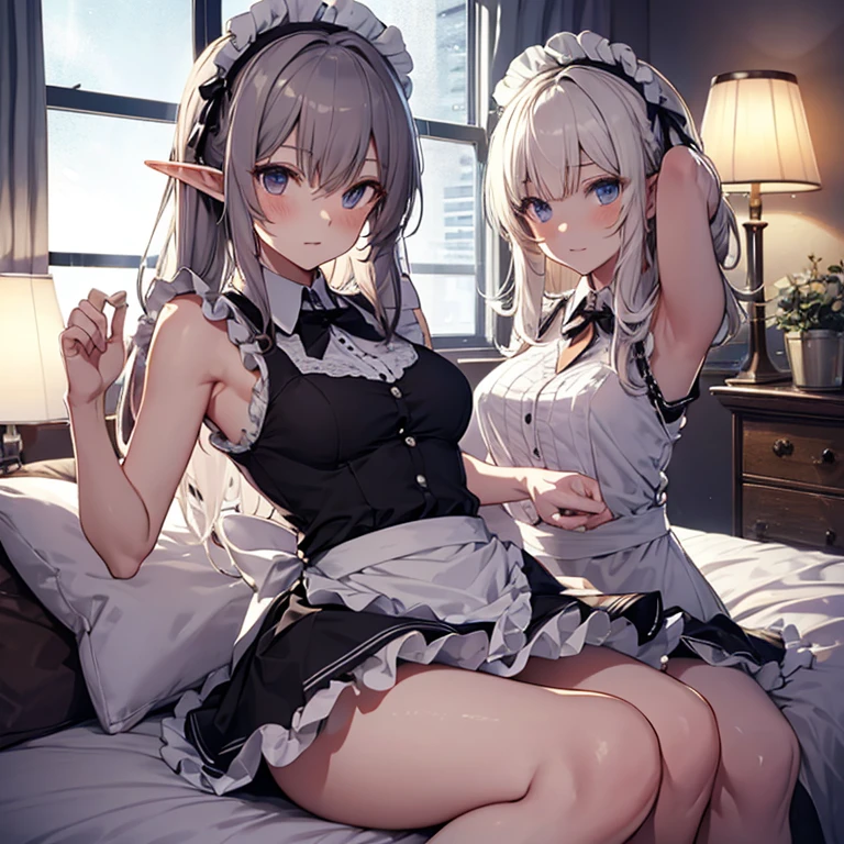 A maids, (in bedroom), various hair styles, night, details face, short skirt, seducing, sleeveless, maid uniform, armpits, elf