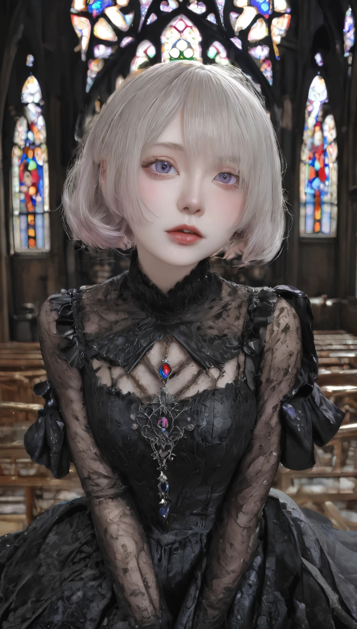 (UHigh resolution, retina, masterpiece, Accurate, Anatomically correct, Textured skin, Very detailed, Attention to detail, high quality, 最high quality, High resolution, 1080p, High resolution, 4K, 8k, 16k), (Beautiful details, Beautiful lip detail, Very detailedな目と顔), Studio Lighting, Physically Based Rendering, Vibrant colors, (Gothic Dress), (Portraiture, Shiny Hair, Shiny skin), [Stained Glass Windows, Bokeh], (incline one's head to the side:1.5), Eye Reflexes, (blush:1.5), (Gothic art, Pale skin, From above:1.5), Monochrome,