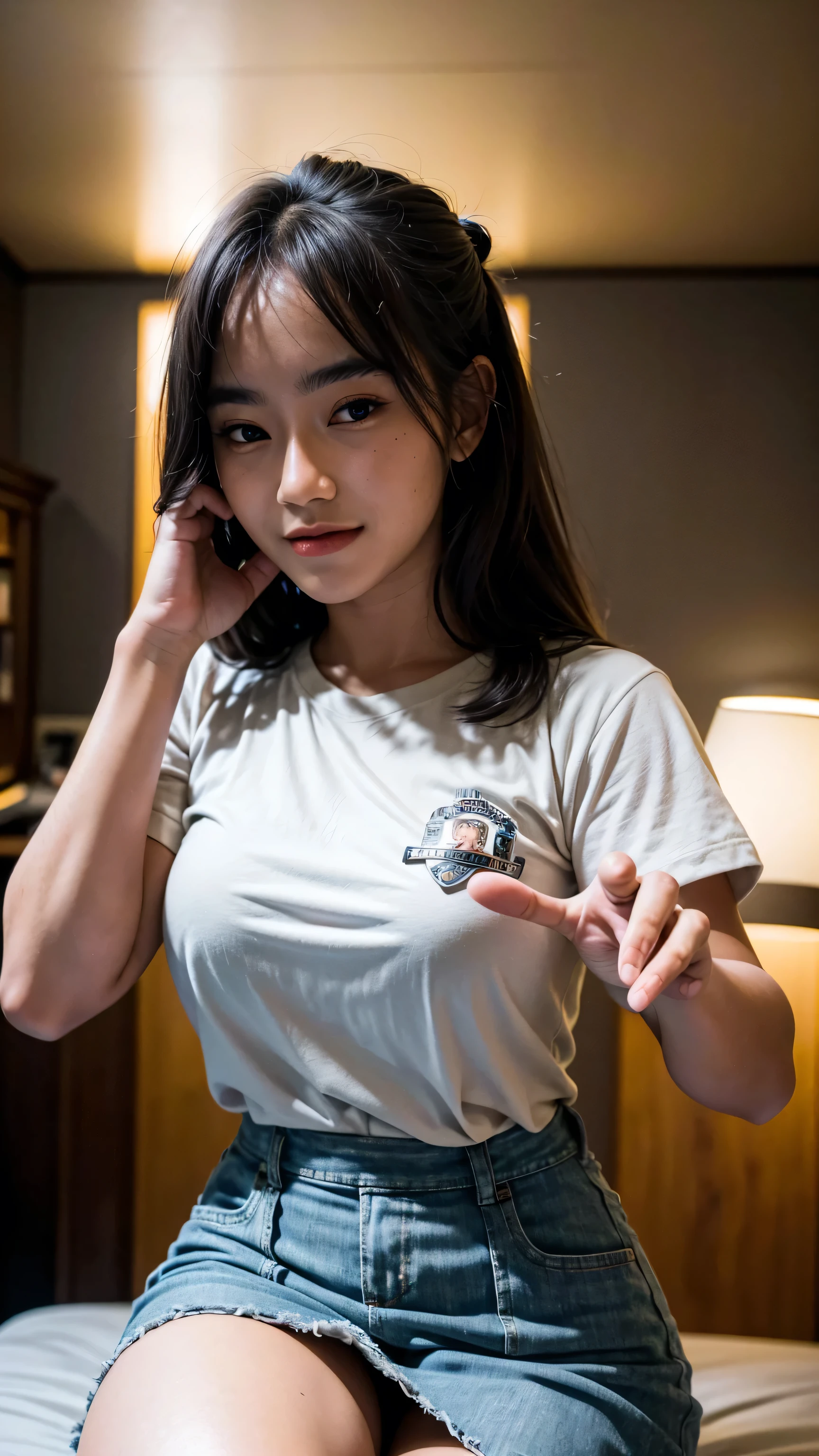 (best masterpiece), ultra-high quality, highly detailed, Ultra-HD Images, soft lighting, Ultra-Fine Picture, DSLR, ini, ultra sharp, ((Ultra-HD Picture:1.4)), 8K IMAGES, ((realistic detailed human:1.2)), indonesian, adult girl, 26 years old, sweet smile, full body view, living rom, wearing crop shirt, highwaist Skirt, cute pose