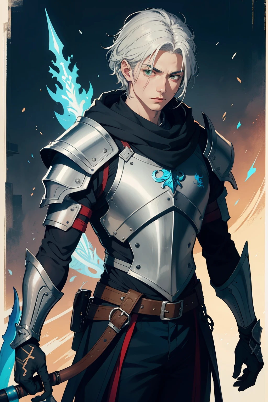 ((melhor qualidade)), ((Obra de arte)), (detalhado), 1 garota, shoulder sweater to oa home anime character.80 tall, silver hair with green eyes with an x-shaped scar on his forehead, a blue-colored rune and a dragon appearance on his back and other miscellaneous ones spread across his body
he uses a hood and a chest, a shoulder pad and the joints of old plate armor with a symbol of two dragons
His weapon is a bow made of black steel with blue runes that connects to a blue stone in the middle of the bow.mbro,