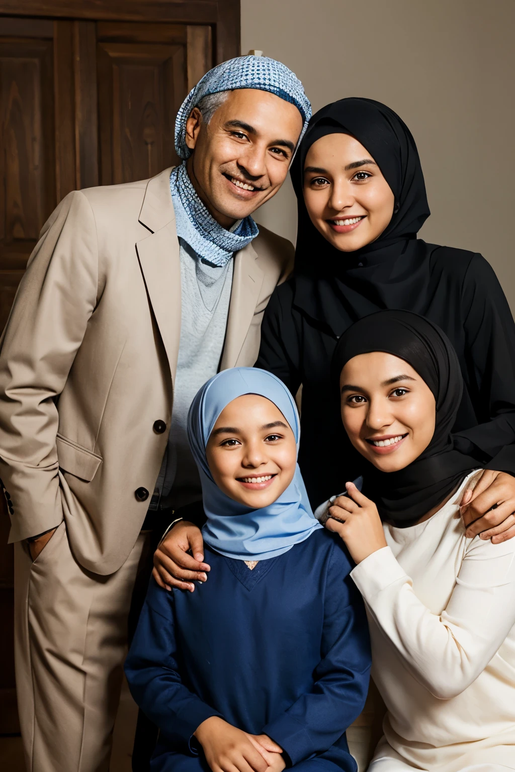 family studio photo, a smiling father, a smiling mother wearing a hijab, and a 20 year old  in the middle dressed neatly