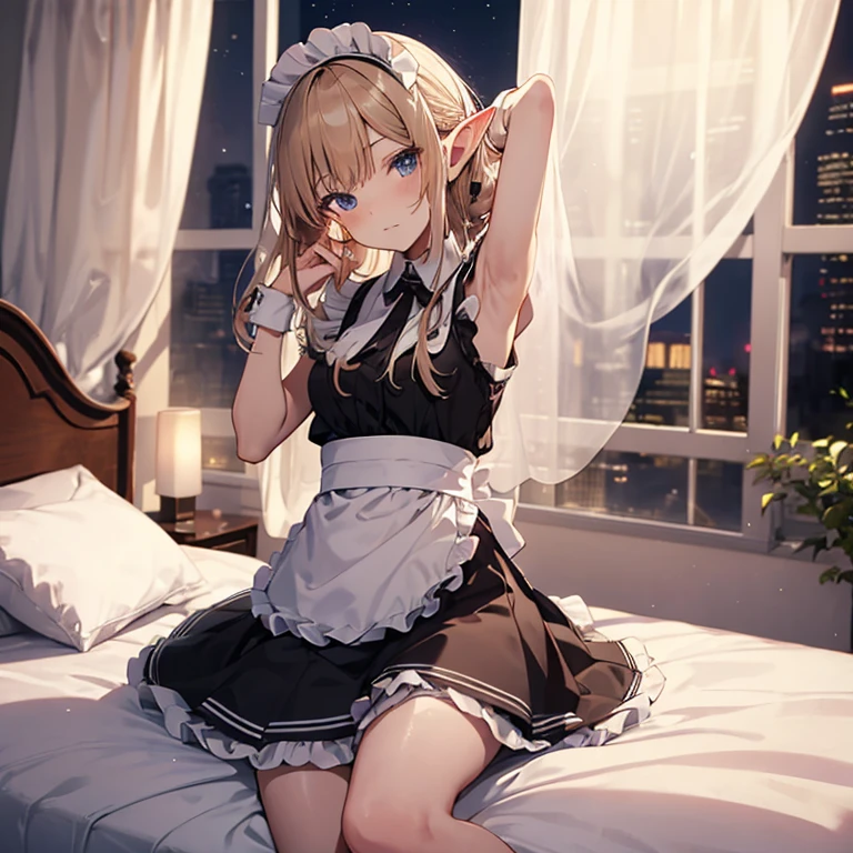 A maids, (in bedroom), various hair styles, night, details face, short skirt, seducing, sleeveless, maid uniform, armpits, elf