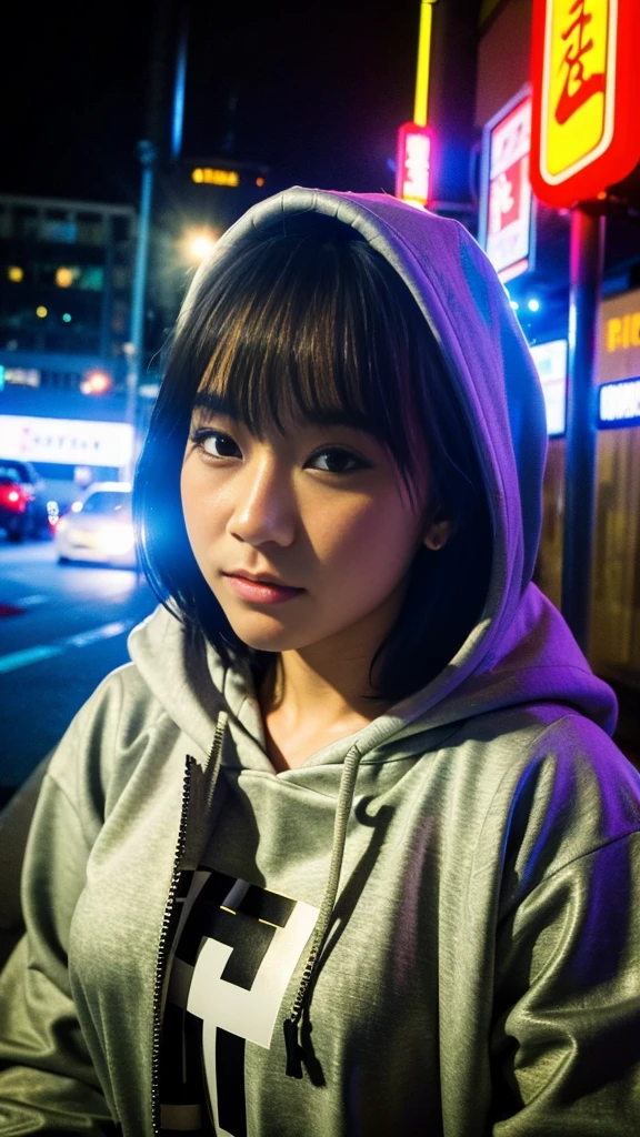 Masterpiece, (best quality:1.4), ultra high res, master photography, professional color grading, depth of fields, rule of third, 50mm, film grain, (photorealistic:1.4), cinematic lighting, chromatic abberation, 1girl, short hair, wearing grey hoodie, streetwear, hypebeast, detailed face, detailed eyes, flat chest, looking at viewer, front view, cowboy shot, Hong Kong street background, night, city light, blurry background, sfw
