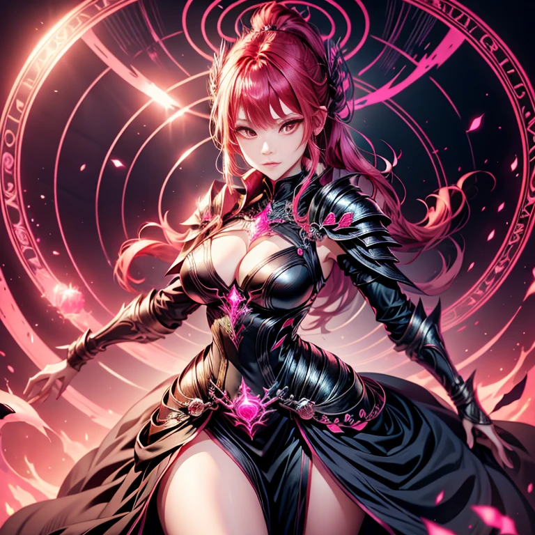 (1girl) A red hair in a pony tail magician lady with narrow waist and big hips wearing a black sexy dress with pink ornament, pink futuristic elaborated intricate armor, pink accents, summoning circle behind, dynamic pose.