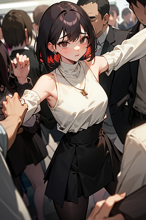 Brown short bob、Sleeveless white sweater、wearing a black jacket、Flared sleeves、Tight Skirt、Black Stockings、necklace、Extremely crowded train、There are a lot of people crowded together、Disheveled clothes、Your cheeks are red、slender、Curved waist、slender、Beautiful clavicle、There are a lot of people and they are close to each other、Flickering、Sexy、Belly button、Earrings、Color mesh on hair、Sweaty、hot、Grabbing your arms or shoulders、Spread your legs、Close Contact、Being grabbed by the waist、