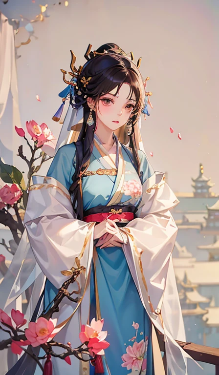 1girll, Wear Hanfu, Lotus leaf, Best quality, Master, (full bodyesbian:1), Tall, Nice face, hair adornments, (middlebreast: 1.8) (solo:1), looking at viewert, Lips, shift dresses, Order of healing, choker necklace, jewely, (ridiculous long hair: 1.4), Ear ring, Hanfu, buliding, east asian architecture, Hanfu, (hentail realism:1.5), Ultra-high resolution, best qualtiy, Shameful blush, Hairline, Arms behind, (Expressive hair:1.4) ,Perfect body proportions,Seven shows ,Sword in hand,a white long skirt,Kizi,Short sword in hand,(An extremely delicate and beautiful work),Best picture quality,A masterpiece,Cherry blossom rain,the cherry trees,with petals falling,The face is clear,(Exquisite facial features),Peerless beauty,Beautiful teenage girl,with brown eye,The highlights are obvious,High degree of completion,The details are endless,gem-like eyes,Blushlush,Fine face,Facial makeup,putting makeup on,(Very fine CG),Black coiled hair,Silver-white veil,Highest image quality,Ancient Chinese clothing,Dunhuang costumes