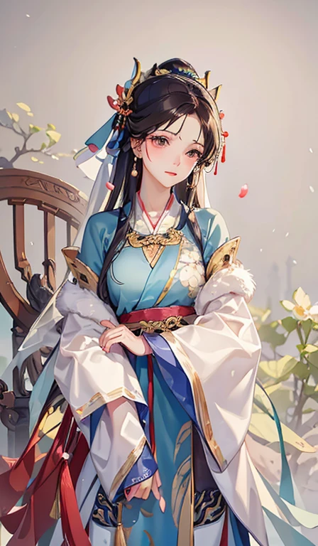 1girll, Wear Hanfu, Lotus leaf, Best quality, Master, (full bodyesbian:1), Tall, Nice face, hair adornments, (middlebreast: 1.8) (solo:1), looking at viewert, Lips, shift dresses, Order of healing, choker necklace, jewely, (ridiculous long hair: 1.4), Ear ring, Hanfu, buliding, east asian architecture, Hanfu, (hentail realism:1.5), Ultra-high resolution, best qualtiy, Shameful blush, Hairline, Arms behind, (Expressive hair:1.4) ,Perfect body proportions,Seven shows ,Sword in hand,a white long skirt,Kizi,Short sword in hand,(An extremely delicate and beautiful work),Best picture quality,A masterpiece,Cherry blossom rain,the cherry trees,with petals falling,The face is clear,(Exquisite facial features),Peerless beauty,Beautiful teenage girl,with brown eye,The highlights are obvious,High degree of completion,The details are endless,gem-like eyes,Blushlush,Fine face,Facial makeup,putting makeup on,(Very fine CG),Black coiled hair,Silver-white veil,Highest image quality,Ancient Chinese clothing,Dunhuang costumes