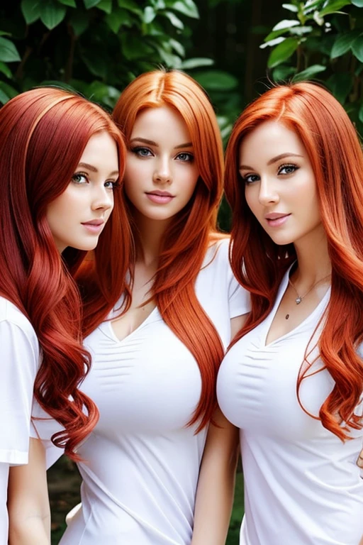 young_18_year_old_triplet_supermodels, ginger_hair, (stunning_faces), highly_detailed, nude, (gigantic_breasts), huge_deep_cleavage, hyperrealistic, perfect pale nipples, flawless detailed pursed lips