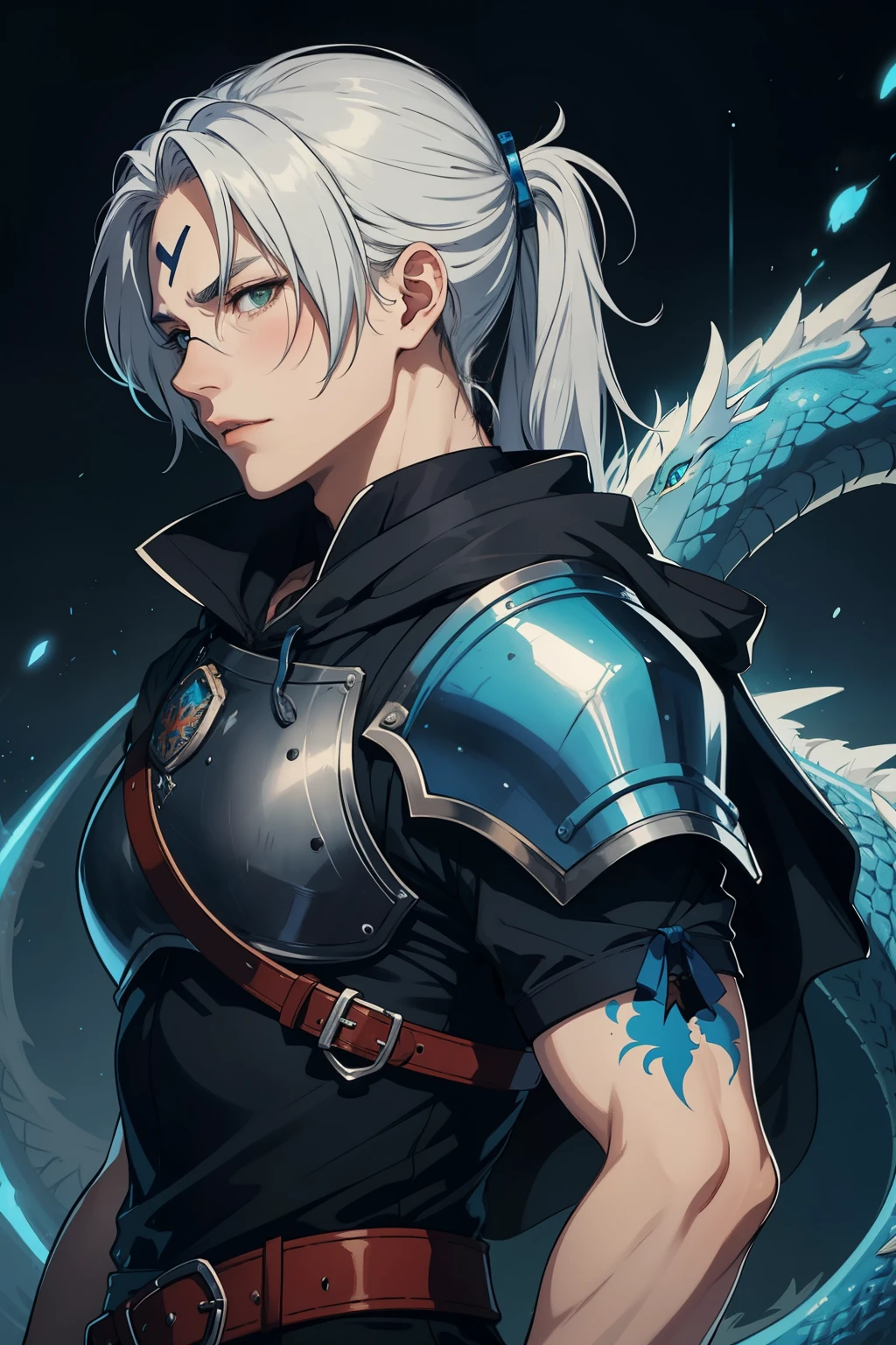 a home anime character 1.80 tall, long silver hair with green eyes with an x-shaped scar on his forehead, a blue-colored rune and a dragon appearance on his back and other miscellaneous ones spread across his body 
he uses a hood and a chest, a shoulder pad and the joints of old plate armor with a symbol of two dragons 
His weapon is a bow made of black steel with blue runes that connects to a blue stone in the middle of the bow.