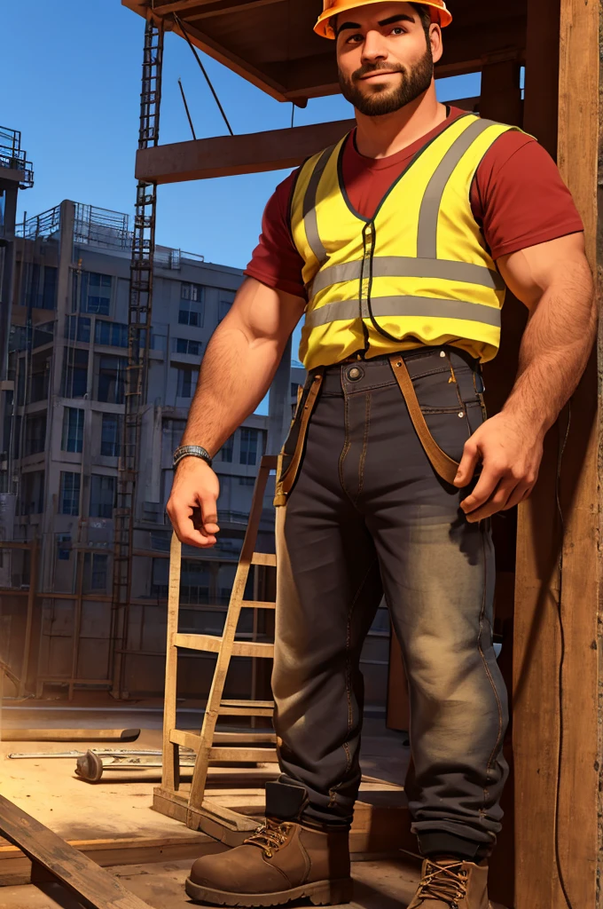 Construction worker standing on scaffolding, dirty work pants, botas de trabalho, pelos corporais, barba, Immaculate Illumination, rim lighting, [olhos detalhados e intrincados]