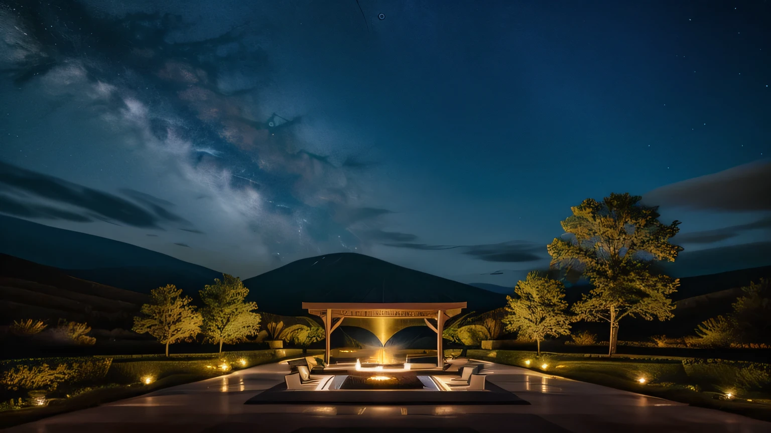 Imagine a starry sky set against a tranquil landscape. Create an image that conveys serenity