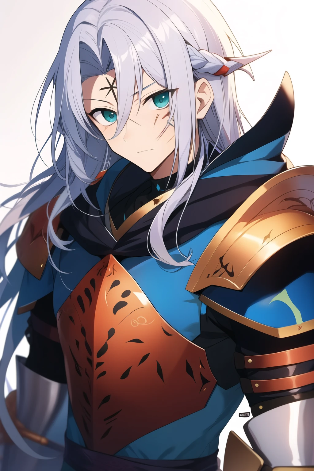 a home anime character 1.80 tall, long silver hair with green eyes with an x-shaped scar on his forehead, a blue-colored rune and a dragon appearance on his back and other miscellaneous ones spread across his body 
he uses a hood and a chest, a shoulder pad and the joints of old plate armor with a symbol of two dragons 
His weapon is a bow made of black steel with blue runes that connects to a blue stone in the middle of the bow.