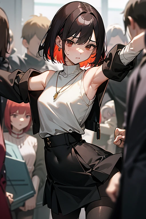 Brown short bob、Sleeveless white sweater、wearing a black jacket、Flared sleeves、Tight Skirt、Black Stockings、necklace、Extremely crowded train、There are a lot of people crowded together、Disheveled clothes、Your cheeks are red、slender、Curved waist、slender、Beautiful clavicle、There are a lot of people and they are close to each other、Flickering、Sexy、Belly button、Earrings、Color mesh on hair、Sweaty、hot、Grabbing your arms or shoulders、Spread your legs、Close Contact、Being grabbed by the waist、