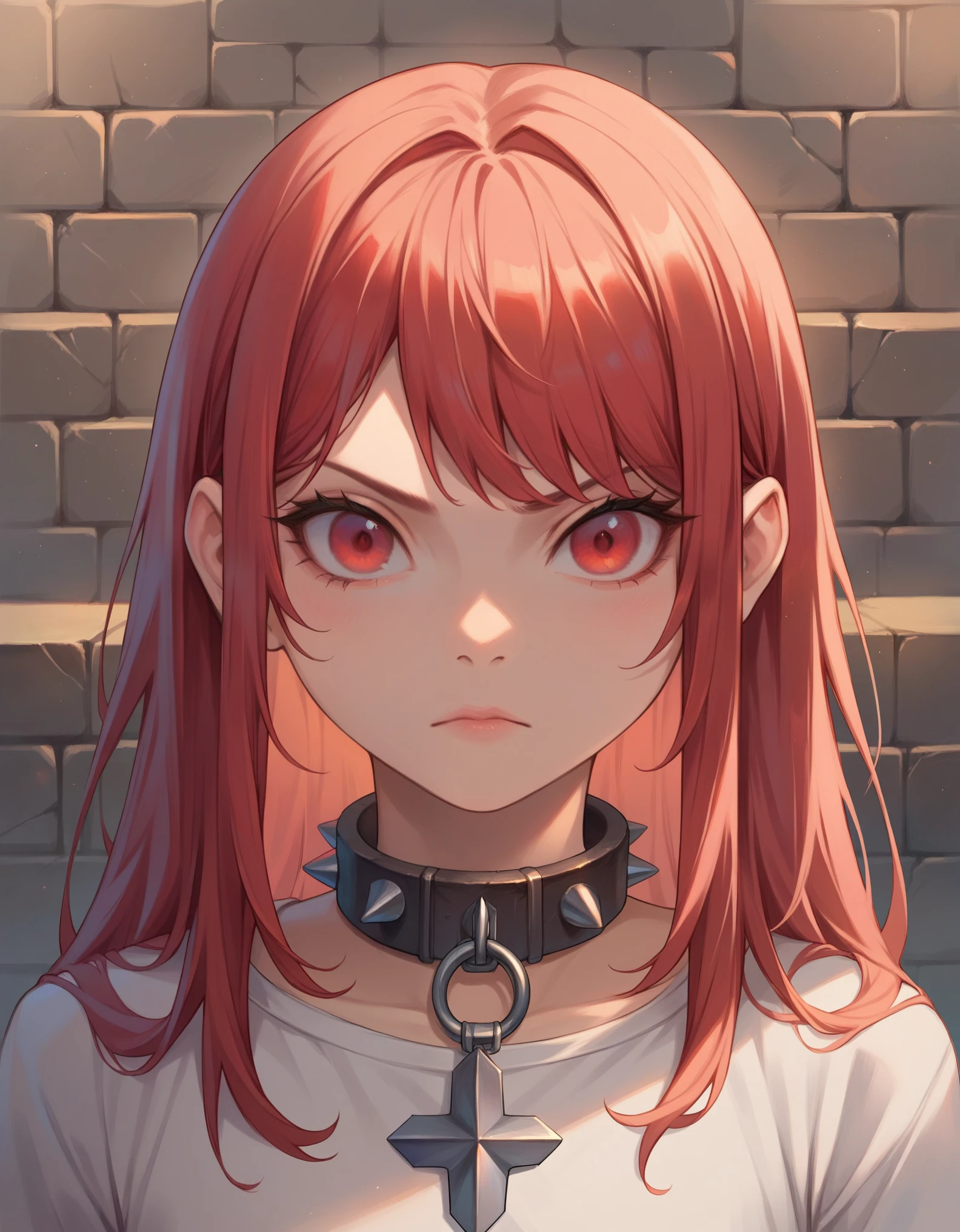 ((Vivid, Bright colors, high detail, high resolution digital painting style with natural light and sharp focus)). Smooth, sharp lines, score_9, score_8_up, solo, detailed, masterpiece, super cute style, 1girl, solo, face close up, upset, closed_mouth, spiked_collar, red hair, swept_bangs, red eyes, red hair, dungeon, stone wall, looking_up