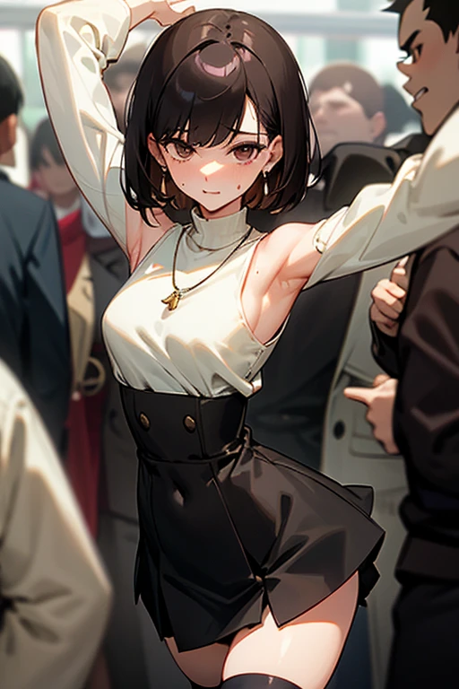 Brown short bob、Sleeveless white sweater、wearing a black jacket、Flared sleeves、Tight Skirt、Black Stockings、necklace、Extremely crowded train、There are a lot of people crowded together、Disheveled clothes、Your cheeks are red、slender、Curved waist、slender、Beautiful clavicle、There are a lot of people and they are close to each other、Flickering、Sexy、Belly button、Earrings、Color mesh on hair、Sweaty、hot、Grabbing your arms or shoulders、Spread your legs、Close Contact、Being grabbed by the waist、