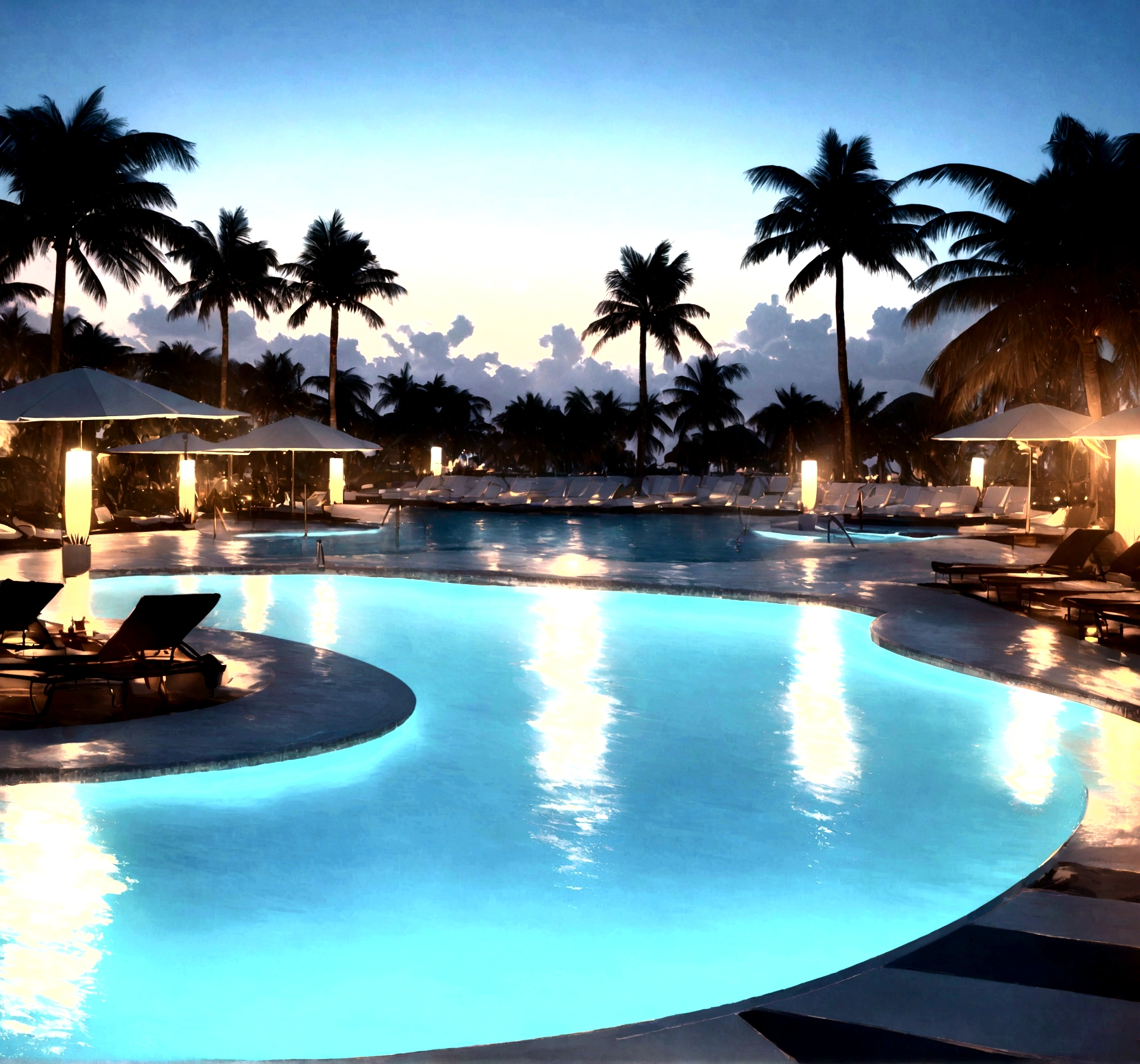 a luxury resort in cancun, mexico with a large swimming pool overlooking the ocean, sunlight reflecting off the high-quality poolside flooring, half the frame filled with the beautiful turquoise ocean, 4k ultra high quality, lavish and opulent ambiance, atmospheric indirect lighting, palm trees, rich, elite, vip