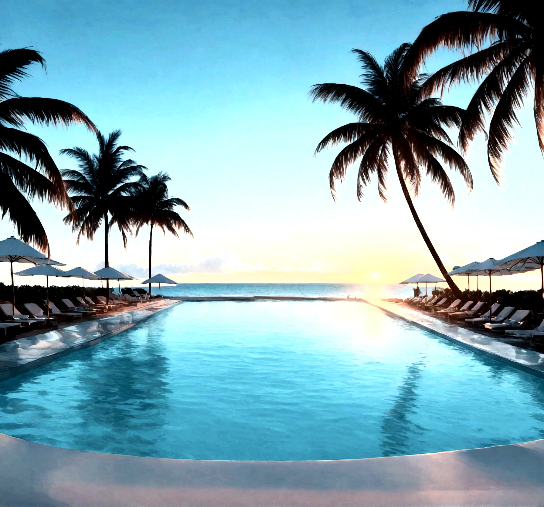 a luxury resort in cancun, mexico with a large swimming pool overlooking the ocean, sunlight reflecting off the high-quality poolside flooring, half the frame filled with the beautiful turquoise ocean, 4k ultra high quality, lavish and opulent ambiance, atmospheric indirect lighting, palm trees, rich, elite, vip
