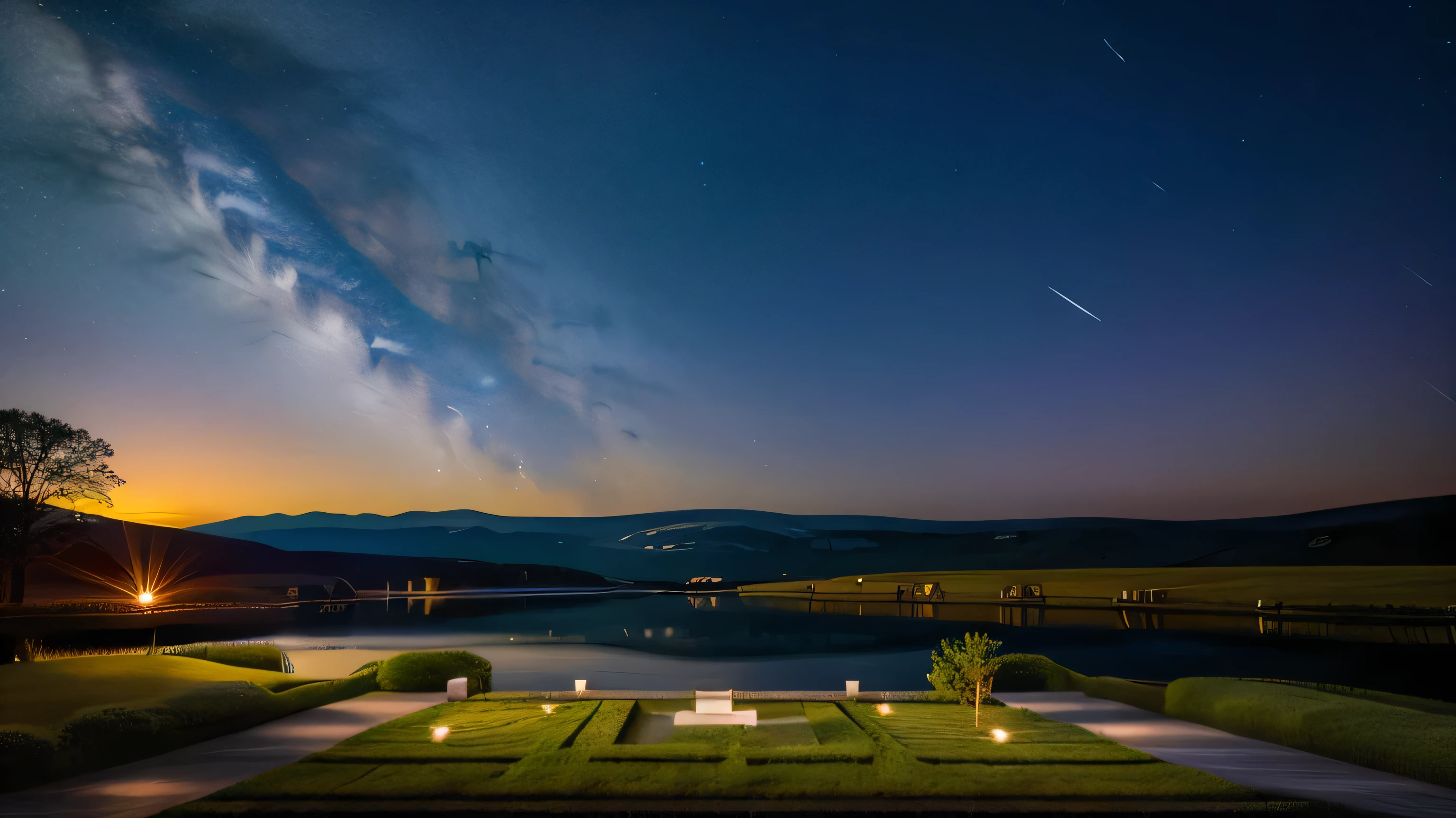 Imagine a starry sky set against a tranquil landscape. Create an image that conveys serenity