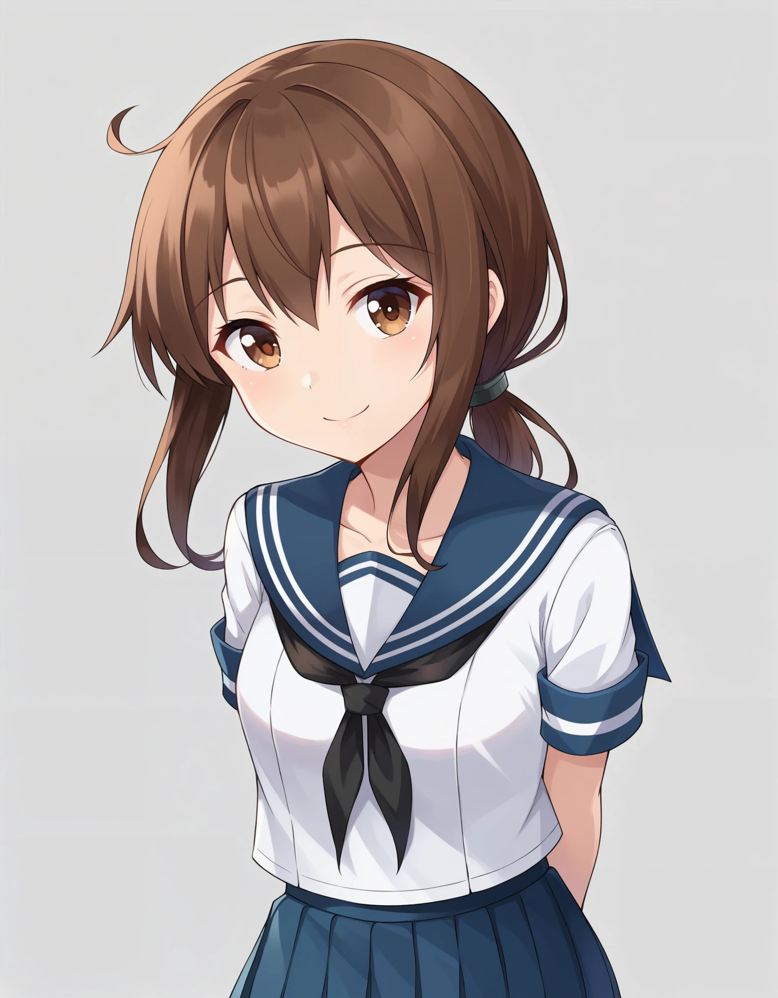 masterpiece, best quality,
1girl, fubuki \(kancolle\), brown hair, low ponytail, sidelocks, brown eyes,
sailor collar, , serafuku, pleated skirt,
hands behind back, smile, upper body, solo, looking at viewer, simple background, solid grey background