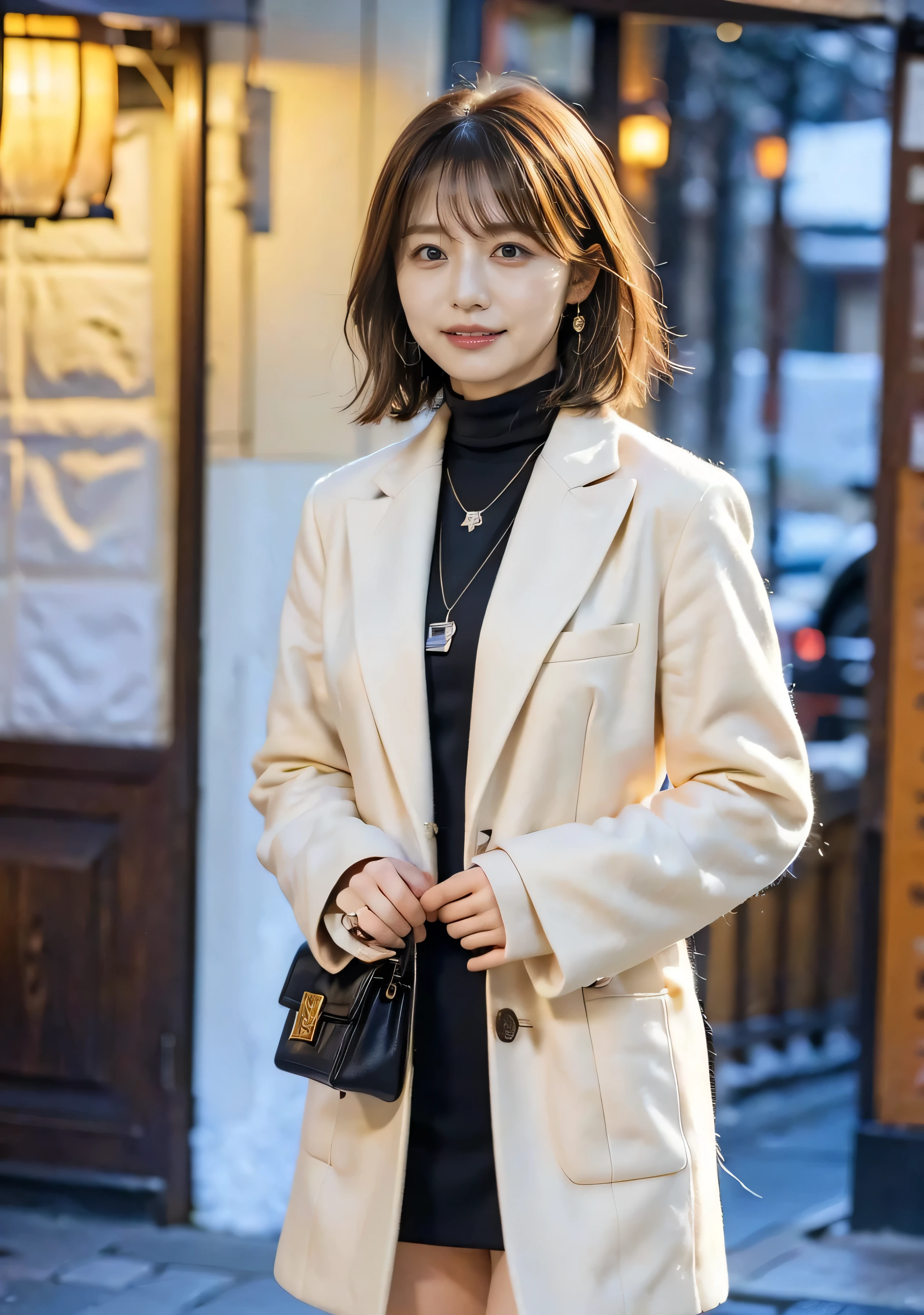 night、Hair swaying in the wind、Outdoor、A luxurious grey mink coat with fur、Wearing black leather boots、A luxurious bag、The inner layer is a luxurious black turtleneck.、Silver necklace and small silver earringillionaire Style:1.4))、Full body photo、smile、 Caustics、Highly detailed photos、Very beautiful woman 、Ample breasts、No makeup、(8k、RAW Photos、highest quality、masterpiece:1.2)、(Realistic、Realistic)、1 girl、((Medium Short Hair、Midwinter、Cold region Snow is falling、The wind is blowing、Fluttering Hair、Background Bokashi、Colorful illumination、Looking into the camera:1.4))、