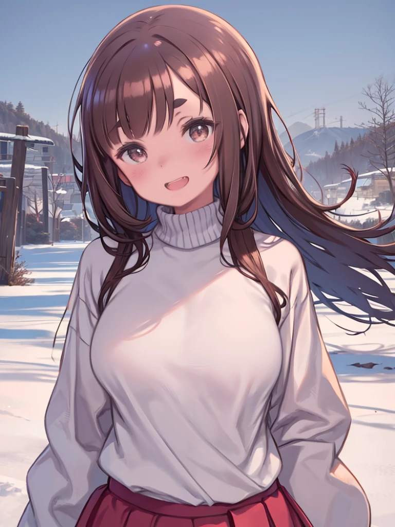 One Girl、(inuyama_aoi)、Thick eyebrows、Brown Hair、Loose and fluffy long hair、laughing、Double teeth、White turtleneck sweater、Big Breasts、Loose-fitting clothing、Long sleeve、Red long skirt、Winter landscape、Upper Body、Leaning body、tilting the head、