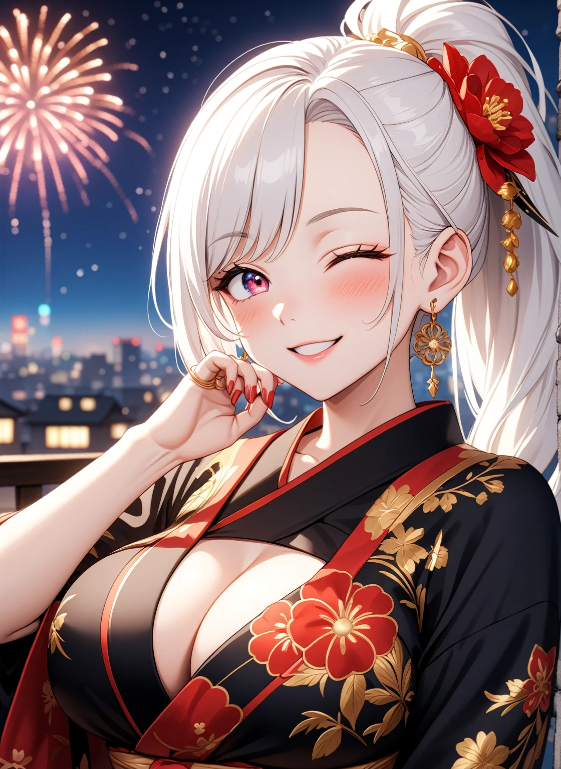 ((one personの女性)), Beautiful Face,Laughing embarrassedly,((Wink:2.0),Laughing with your mouth open,((Bright red cheeks:1.3)),Glossy pink lips,night,rooftop,firework,((Anime style background)),masterpiece, highest quality, so beautiful, Latest, Complex details, (Pink long nails),(ring),AI-generated, Complex,High resolution, highest quality, super high quality,3D Images、View your viewers、3D Images,one person,Long white hair,High Ponytail,blue eyes,Anime woman posing for a photo, ((Fine grain、Colorful eyes、Shining Eyes:1.1)),(Squint your eyes:1.1),a hyperRealistic , hyperRealistic , Realistic,Anime woman with long and white hair, Smooth anime CG art, A woman in a colorful kimono with gold embroidery, (Black kimono),Red floral pattern,Long flower hair ornament,Big earrings,,Mature Body,(Big Breasts:1.3),Tall,Big Ass,Fine details,Narrow waist,(Face close-up:1.5),Tilt your face,Exposed nipples,(Holding the breast)