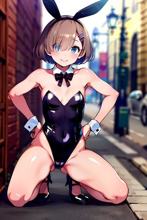 masterpiece, highest quality, High resolution, Rem, alone, Bunny ears, Playboy Bunny, Brown Hair, head band, Hair Ribbon, short hair, Moderate,, Hands on hips, squat, Leg spread, street, smile,