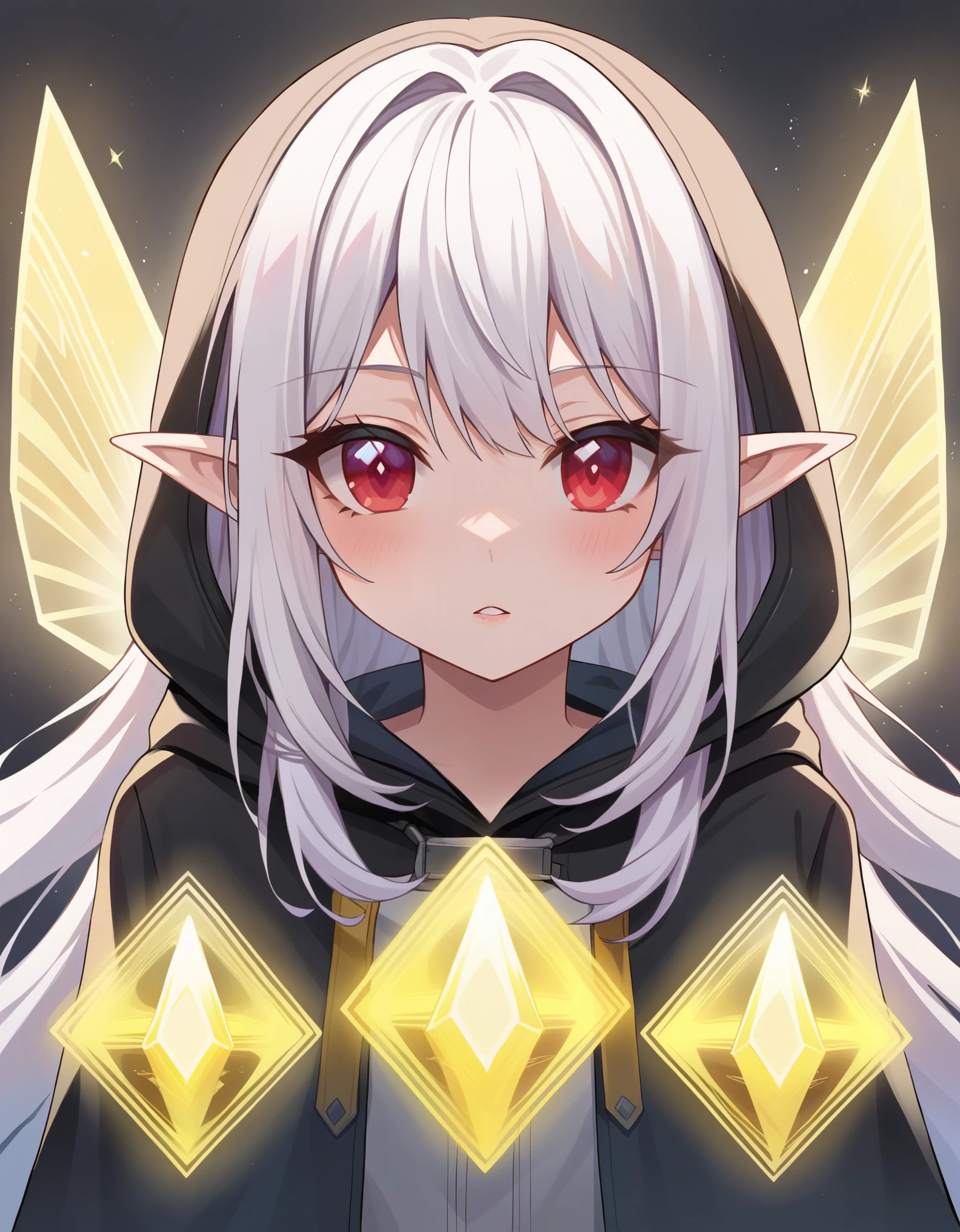1girl, solo, Sylphie, Sylphie is an elf, Sylphie has red eyes, GlitchBreakGirl, Sylphie has white hair,
Sylphie wearing a black hooded cloak,
((holographic yellow crystals in the background))