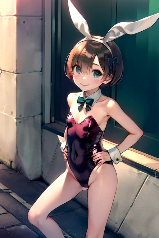 masterpiece, highest quality, High resolution, Rem, alone, Bunny ears, Playboy Bunny, Brown Hair, head band, Hair Ribbon, short hair, Moderate,, Hands on hips, squat, Leg spread, street, smile,