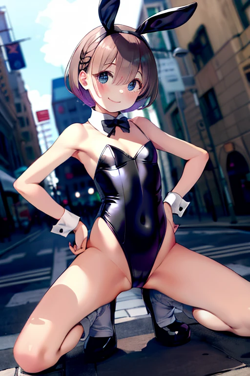 masterpiece, highest quality, High resolution, Rem, alone, Bunny ears, Playboy Bunny, Brown Hair, head band, Hair Ribbon, short hair, Moderate,, Hands on hips, squat, Leg spread, street, smile,