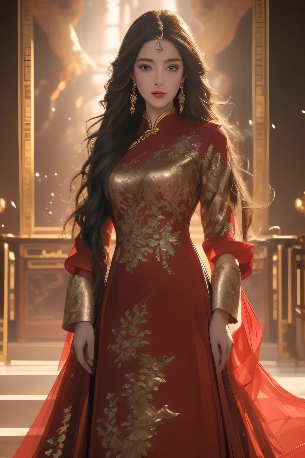 (Best quality), (lifelike , Photorealistic: 1.3), Highly detailed, A masterpiece, 1 girl, full body shot, Dynamic Angle, World Masters Theatre, Feel messy _ long _ hair, Extremely detailed CG unity 8k wallpapers, Ink, Astonishing, Movie lighting, Lens _ flare, Chinese style dress, Red gold-inlaid dress, Best quality, Best quality