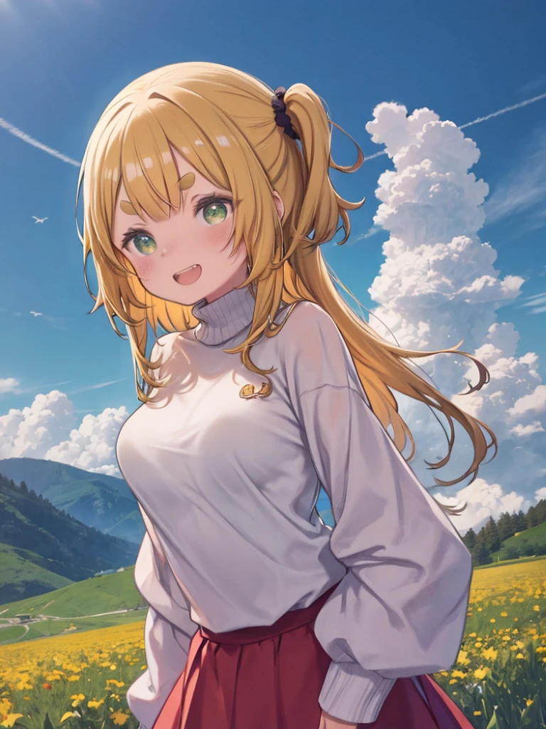 One Girl、(inuyama_aoi)、((Thick eyebrows))、Yellow Hair、Green Eyes、Droopy eyes、Loose and fluffy long hair、hair tied up with a scrunchie、laughing、Double teeth、White turtleneck sweater、Big Breasts、Loose-fitting clothing、Long sleeve、Red long skirt、Spring scenery、Upper Body、Leaning body、tilting the head、