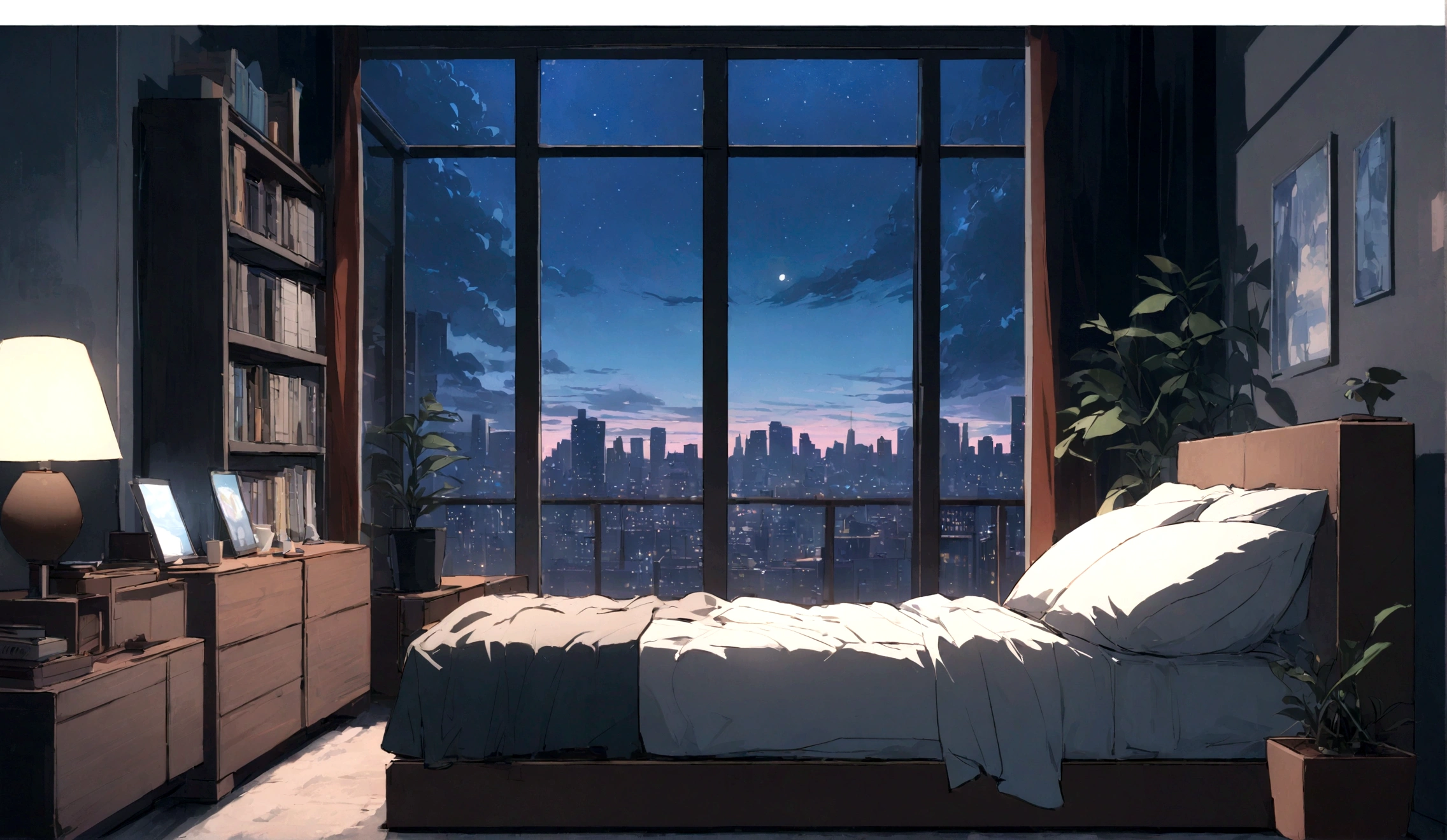 (masterpiece:1.2), highest quality,Pixiv,Pleasant animation scenes,
vision, night, window, No humans, null, plant, night null, pillow, cityscape, bed, star (null), book, Chair, cloud, bookshelf, city, lamp, building, internal, potted plant, starry null, city lights, curtain, Copyright Name, artist name, nullscraper, shelf, bedroom, watermark, Border