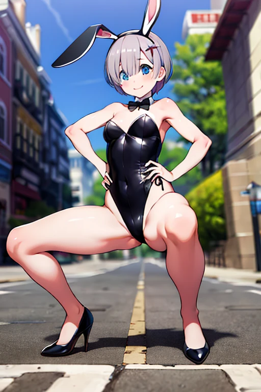 masterpiece, highest quality, High resolution, Rem, alone, Bunny ears, Playboy Bunny, Brown Hair, head band, Hair Ribbon, short hair, Moderate,, Hands on hips, squat, Leg spread, street, smile,