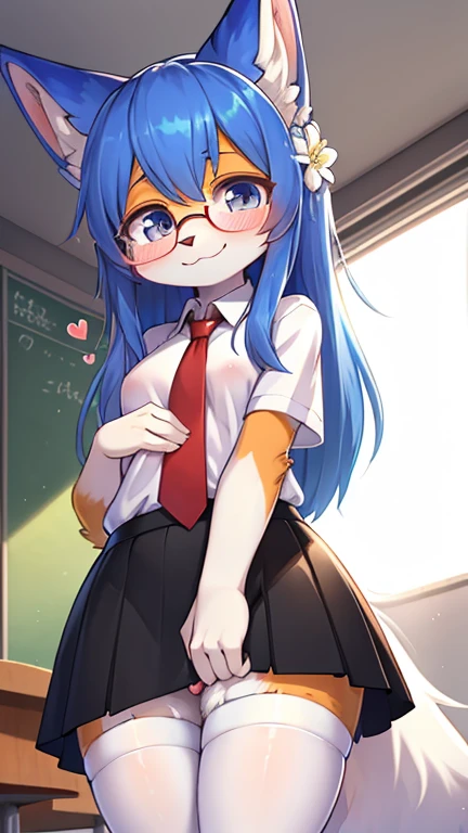 best quality,best resolution,(fluffy anthro furry :1.6),fox girl,blue long hair,curvy hair,white fur,classroom,light and shadow,(white long arm shirt),red necktie,black skirt,white stocking,glasses,flower hairpin,looking at viewer,shy face,smile,full face blush,shy pose,heart eyes,heart expression eyes,bend down,low angle
