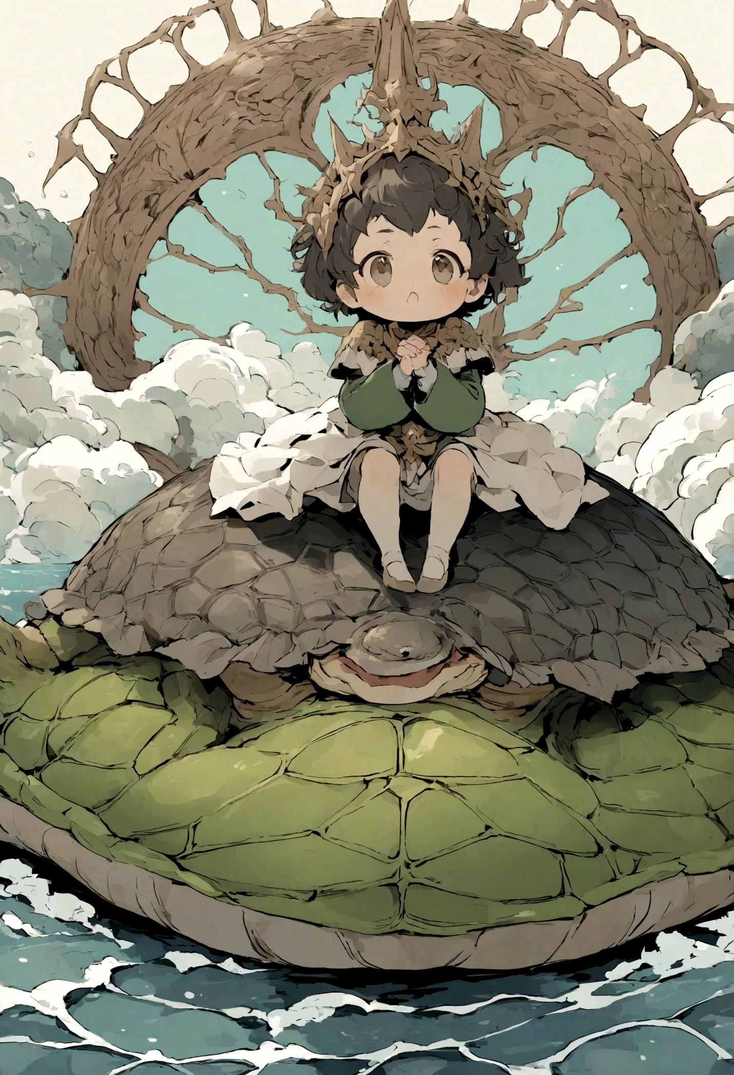 beautiful little boy,riding on a turtle,WarriorNatural,Stand on the sea with your hands crossed