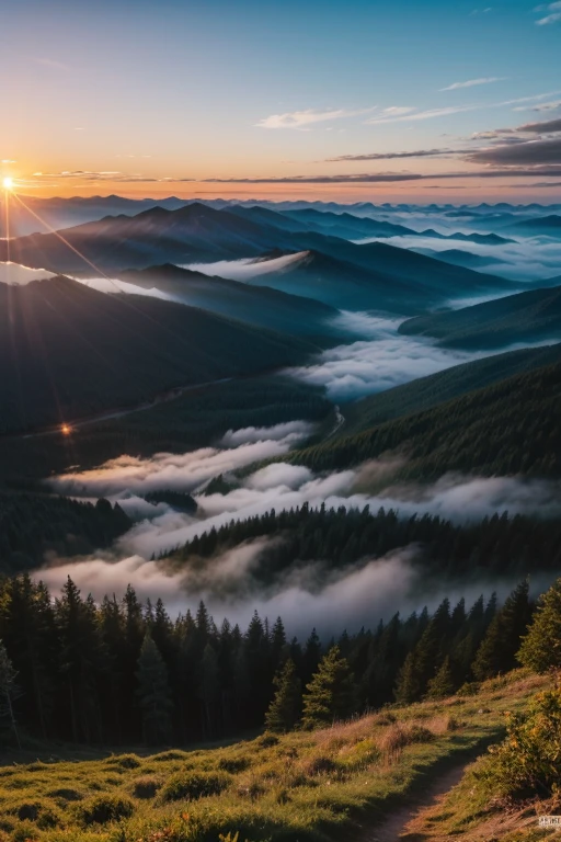 A beautiful forest with a fine mist with a beautiful sunrise seen from the top of a mountain with a beautiful blue sky