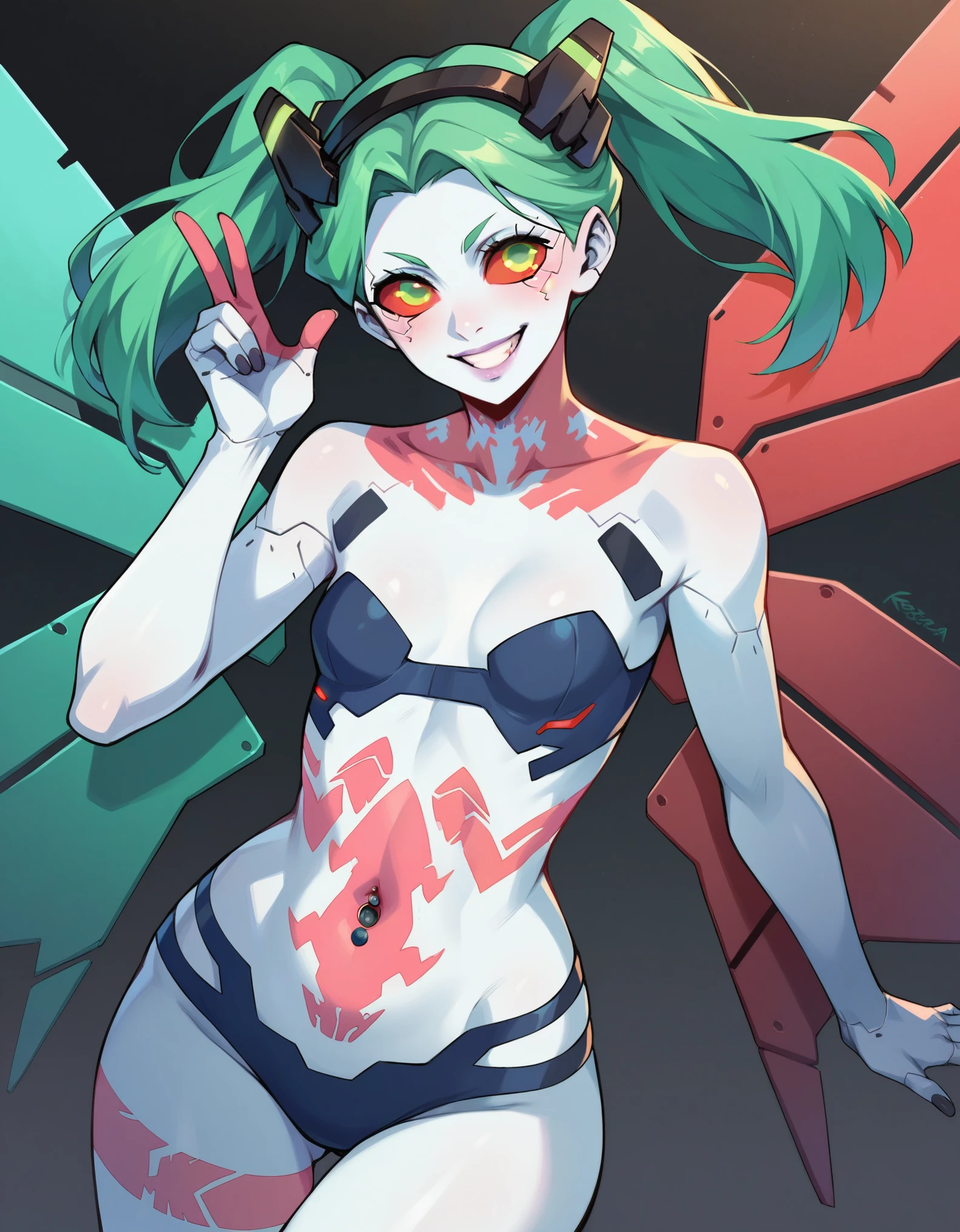 score_9, score_8_up, score_7_up, 1girl, rebecca (cyberpunk), colored sclera, stomach tattoo, green hair, colored skin, black bra, black panties, looking at viewer, green eyes, neck tattoo, artificial eye, mechanical eye, smile, red pupils, headphones, red sclera, navel piercing, cyborg, small breasts, straight hair, , headgear, collarbone, underwear only, cleavage, lips, teeth