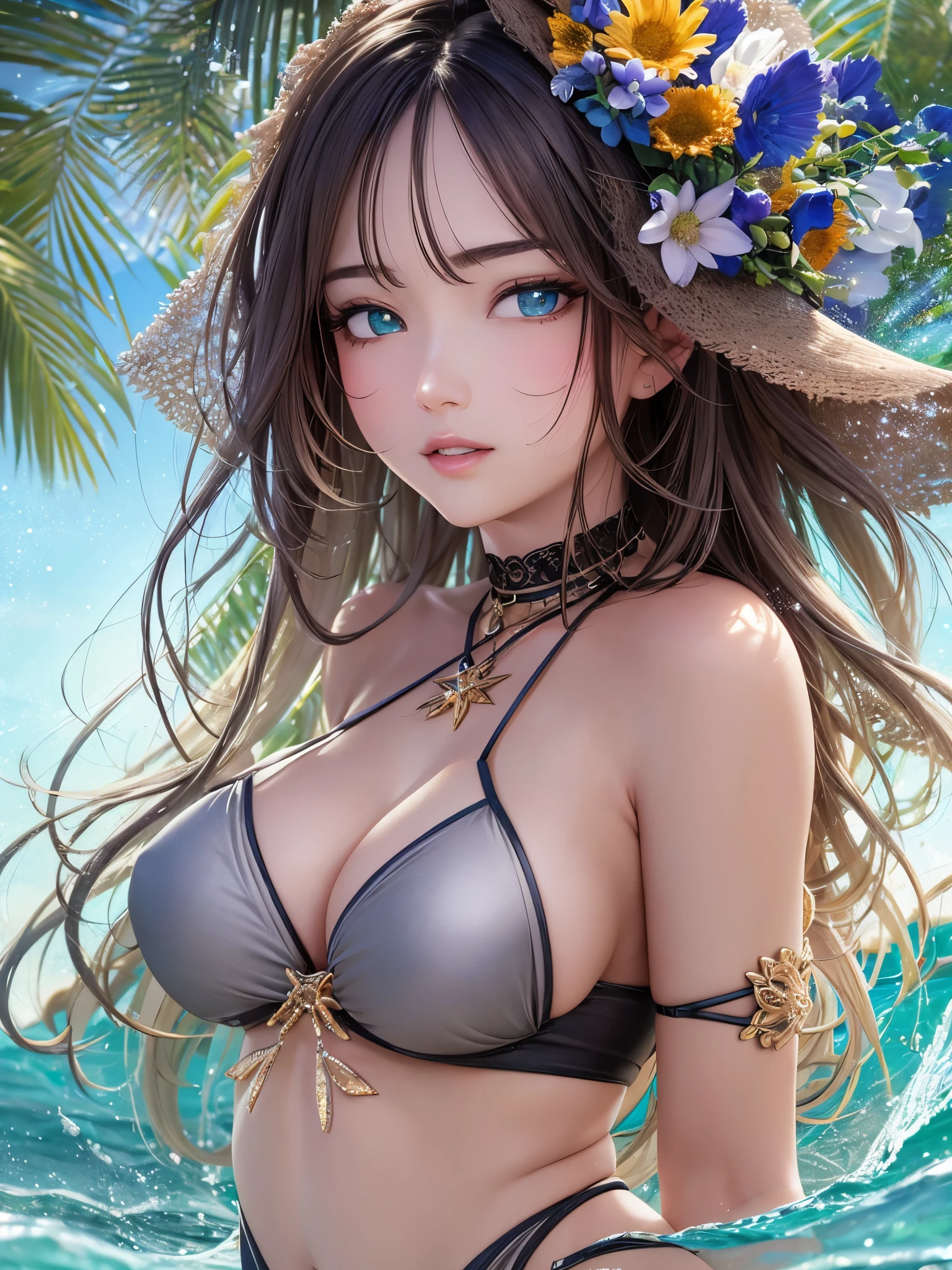 ((highest quality)),(Ultra-high resolution),(Very detailed),(Detailed Description),((The best CG)),(A masterpiece),Ultra-detailed art,Amazing drawing art,(Art with precise detail:1.5), (Woman in swimsuit walking on the beach:1.5),(Beautiful and well-proportioned face:1.5),smile:1.3,Sparkling Seven Colors:1.3,Light long hair:1.3,Clear green eyes