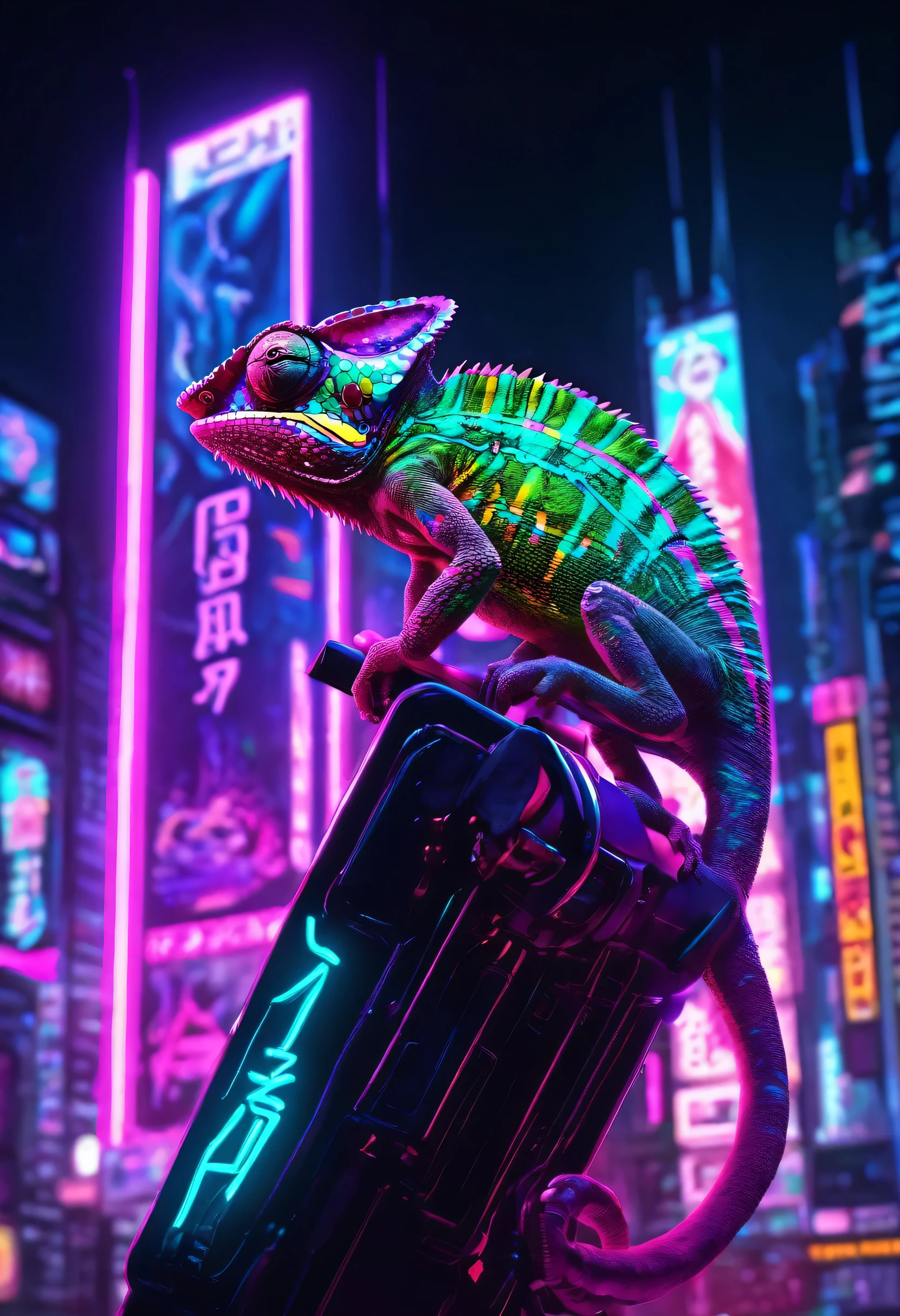 a chameleon, with cyberpunk features, realistic details, positioned on a neon sign, bright and colorful neon lighting, in a futuristic Tokyo setting with skyscrapers and holograms, realistic art style, 4K resolution