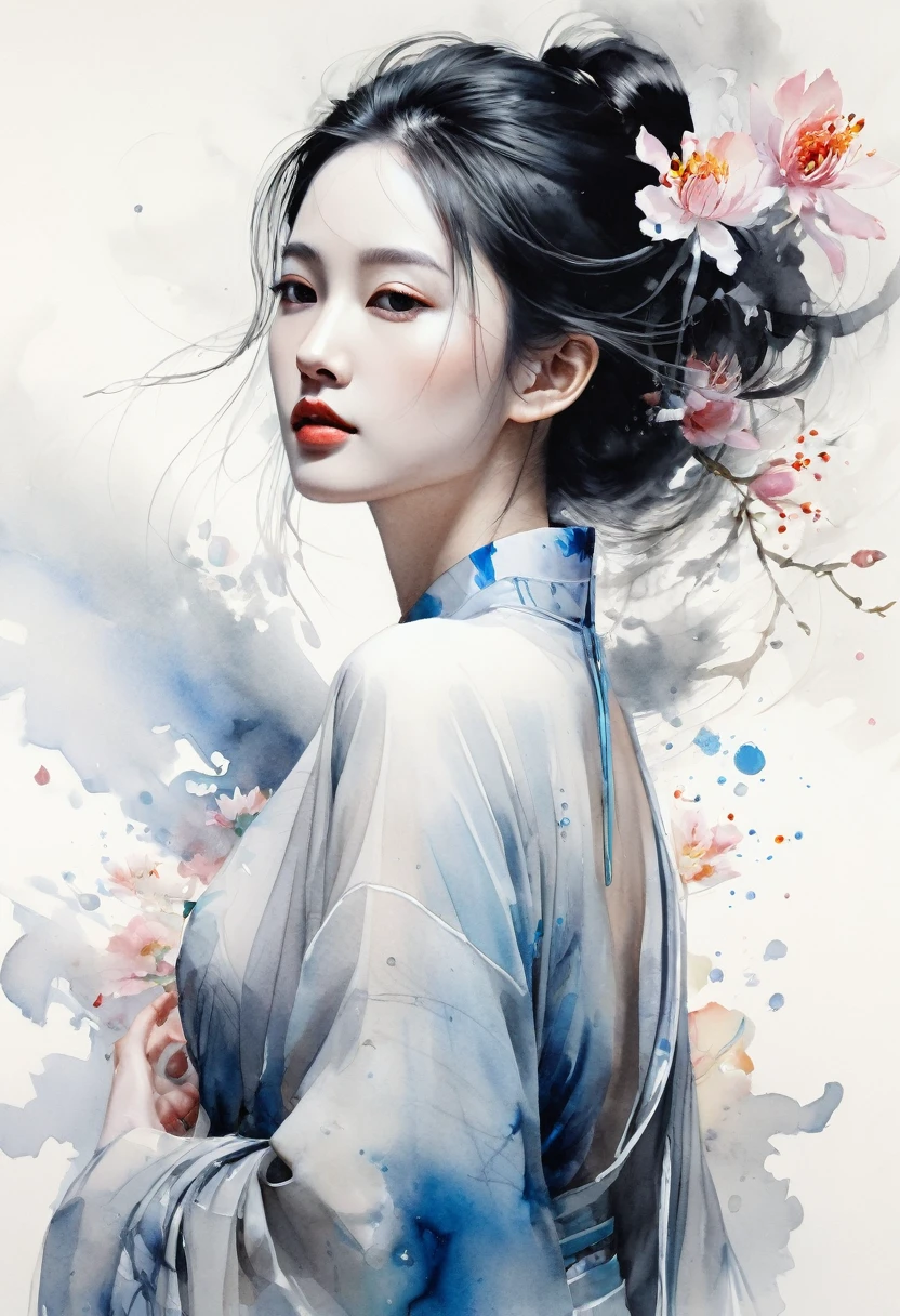 Illustration style, award winning art, Traditional Chinese painting style, Ink wash painting style, Flowing brushstrokes, by Agnes Cecile, Rich in layers, Classical Chinese maiden painting, The perfect fusion of modern art and traditional Chinese painting, Full-body view, A Chinese girl, Extremely beautiful countenance, Classical beauty of the East, Long hair, Silk-textured clothing, weared in translucent crystal sculpture glitch, Perfect female body, Graceful Eastern woman, octane render masterpiece, Scattered Watercolors,masterpiece scale, Falling petals, beautiful depth of field, ultra detailed CG perspective, ultra dynamic lighting amazing shadows