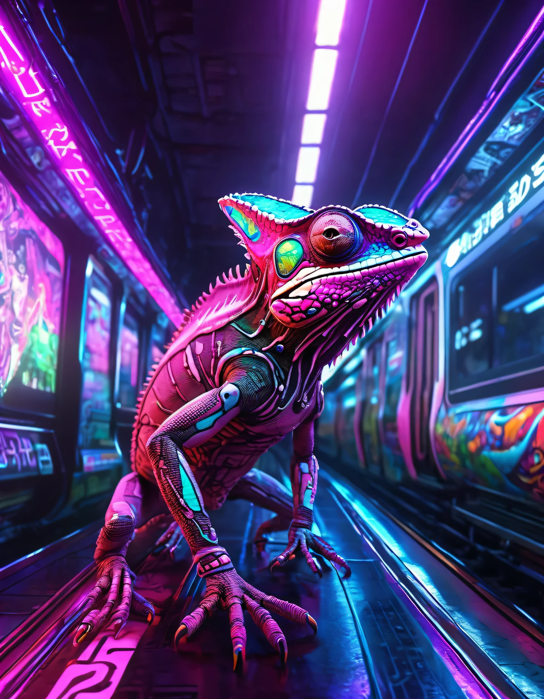 a cyborg chameleon, with cyberpunk elements, realistic details, positioned on a subway platform, intense and colorful neon lighting, in a futuristic Tokyo setting with high-tech trains and holographic advertisements, realistic art style, 4K resolution