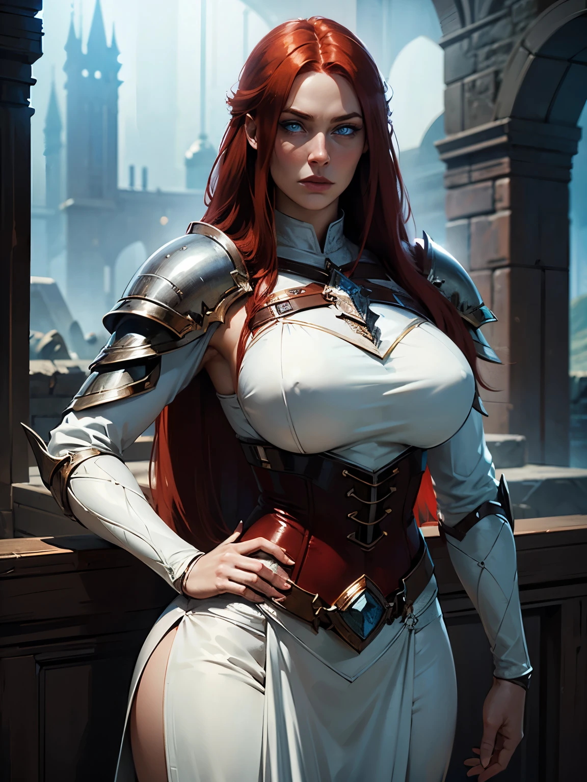 A female cleric. (((straight hair))), (((red haired))), (((pale blue eyes))), long lashes, (((Detailed face))), (((detailed eyes))), ((square chin)), high cheek bones, shallow cheeks, pale skin. Detailed hands and fingers. curvy body, narrow waist. Wearing armour over a white outfit, breast plate, chain mail, leather belts. Fantasy. Stern expression. Show her standing with her hands on her hips, looking to the side. Castle ruins background. Masterpiece quality, best quality, hd,4k, volumetric lighting. pov from above