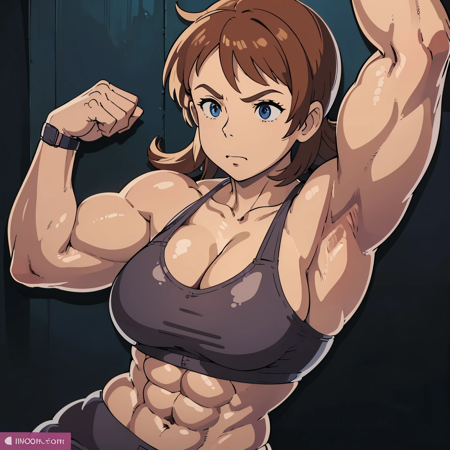 Muscle hypertrophy is significant, especially in the area of the biceps, which are large in size, which may be the result of strength training focused on the expansion of muscle mass. A woman's waist is noticeably narrower in relation to her shoulders, which creates the 'V-taper' effect desired in bodybuilding, i.e. a shape resembling the letter "V" created by the shoulder line leading into a narrow waist. The skin on the arms is smooth and the muscle tone under the skin is clearly visible. Light reflections on the skin suggest that it is smooth and slightly oiled or moist, the 'muscle belly' of the biceps more rounded forms, which may indicate a greater amount of fat tissue, giving the figure a softer and fuller shape Bulk body type well-defined abdominal oblique muscles, 1. **Biceps**: 36 cm in circumference 2. **Chest**: 100 cm circumference 3. **Waist**: 70 cm circumference 4. **Hips**: 95 cm circumference 5. **Thigh**: 60 cm circumference, Tightly tightened breasts with a bypass