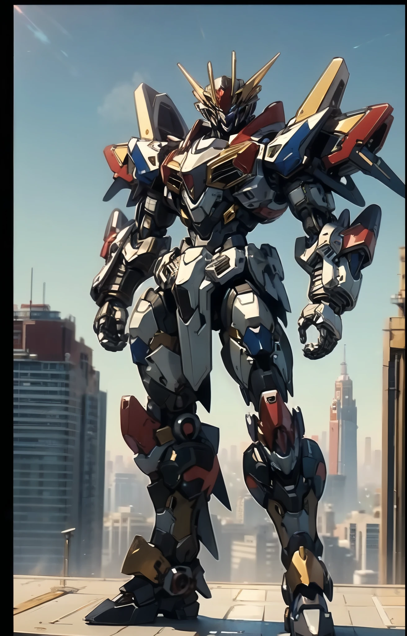 Humanoid Mecha, fully enclosed shoulder guards, matching arm and leg guards, full body, full armor, the design balances heavy with agility, (the color scheme is primarily white with red and blue accents, the concept Inspired by Super robot, organic biotech armor, standing, floating high above the futuristic sci-fi city), exquisite and mature art style, (aura effect, energy, glowing eyes, the armor glows), ((SRS)), metallic, dynamic, dramatic, high definition, best quality, highres, ultra-detailed, ultra-fine painting, extremely delicate, professional, perfect body proportions, anatomically correct, symmetrical face, extremely detailed eyes and face, high quality eyes, creativity, RAW photo, UHD, 32k, Natural light, cinematic lighting, masterpiece-anatomy-perfect, masterpiece:1.5