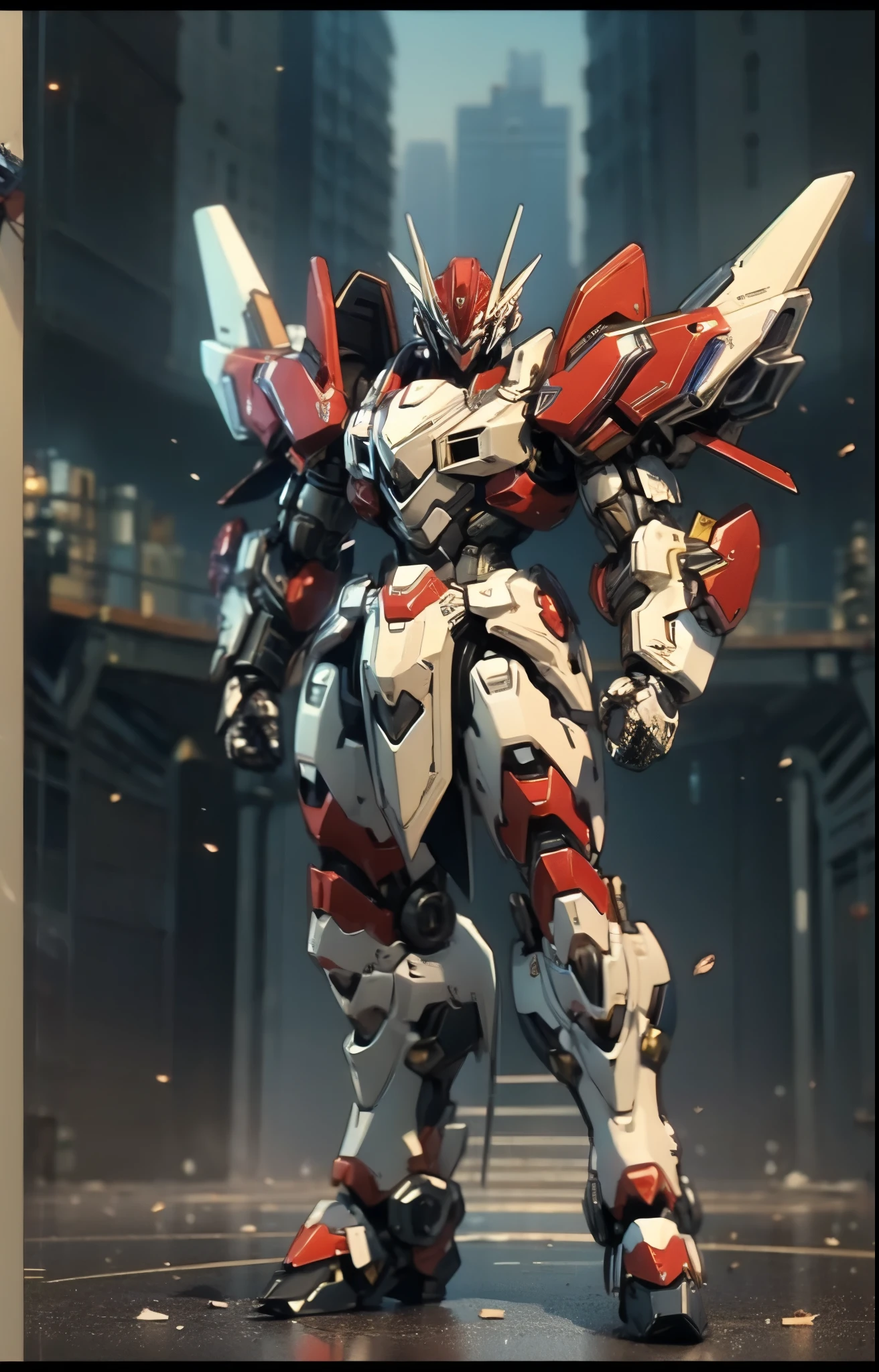 Humanoid Mecha, fully enclosed shoulder guards, matching arm and leg guards, full body, full armor, the design balances heavy with agility, (the color scheme is primarily white with red and blue accents, the concept Inspired by Super robot, organic biotech armor, standing, floating high above the futuristic sci-fi city), exquisite and mature art style, (aura effect, energy, glowing eyes, the armor glows), ((SRS)), metallic, dynamic, dramatic, high definition, best quality, highres, ultra-detailed, ultra-fine painting, extremely delicate, professional, perfect body proportions, anatomically correct, symmetrical face, extremely detailed eyes and face, high quality eyes, creativity, RAW photo, UHD, 32k, Natural light, cinematic lighting, masterpiece-anatomy-perfect, masterpiece:1.5