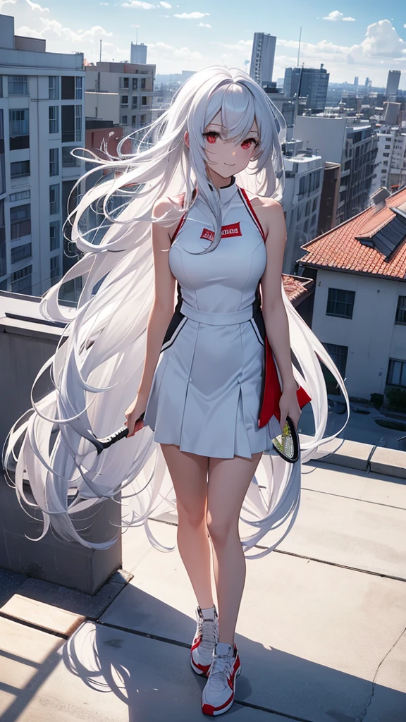 Masterpiece, best quality, 1 girl, anime character style, red eyes, long white hair, hairstyles twintails, white sleeveless shirt and black skirt,
