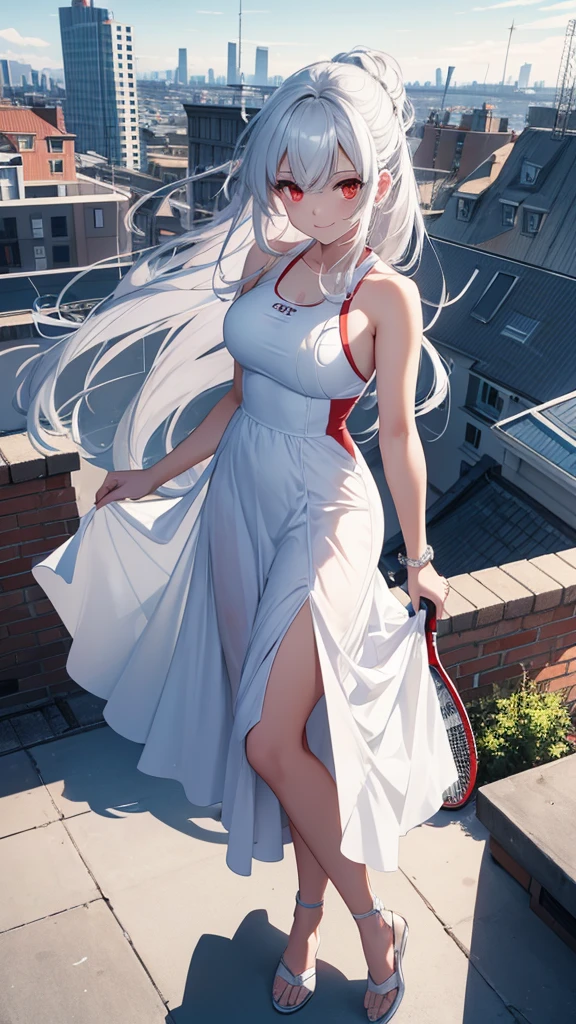 Beautiful woman, full body, hair, white and silver, red eyes, long hair, playing tennis, on the roof of a building smiling, looking at the sky